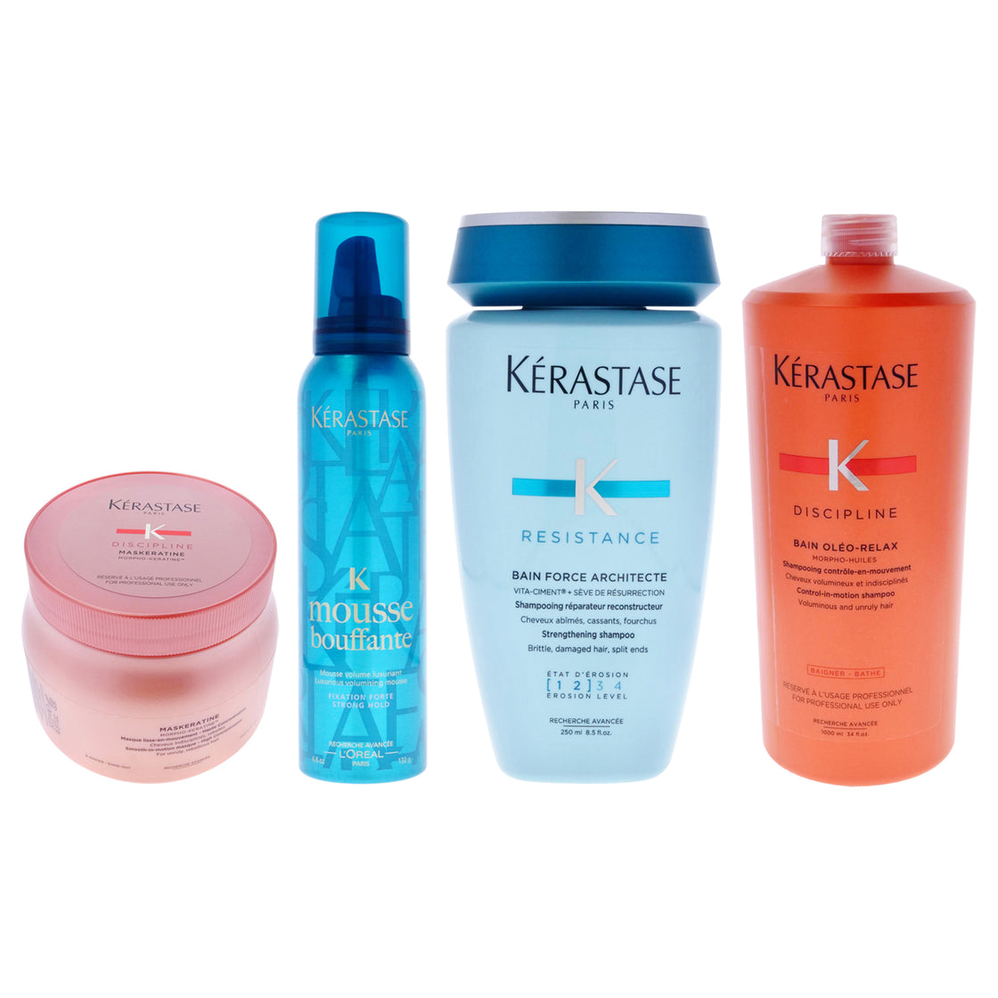 Discipline Kit by Kerastase for Unisex - 3 Pc Kit 34oz Discipline Bain Oleo-Relax Shampoo, 5.1oz Discipline Keratine Thermique Smoothing Taming Milk Anti-Frizz, 16.9oz Discipline Maskeratine Smooth-in-Motion Masque