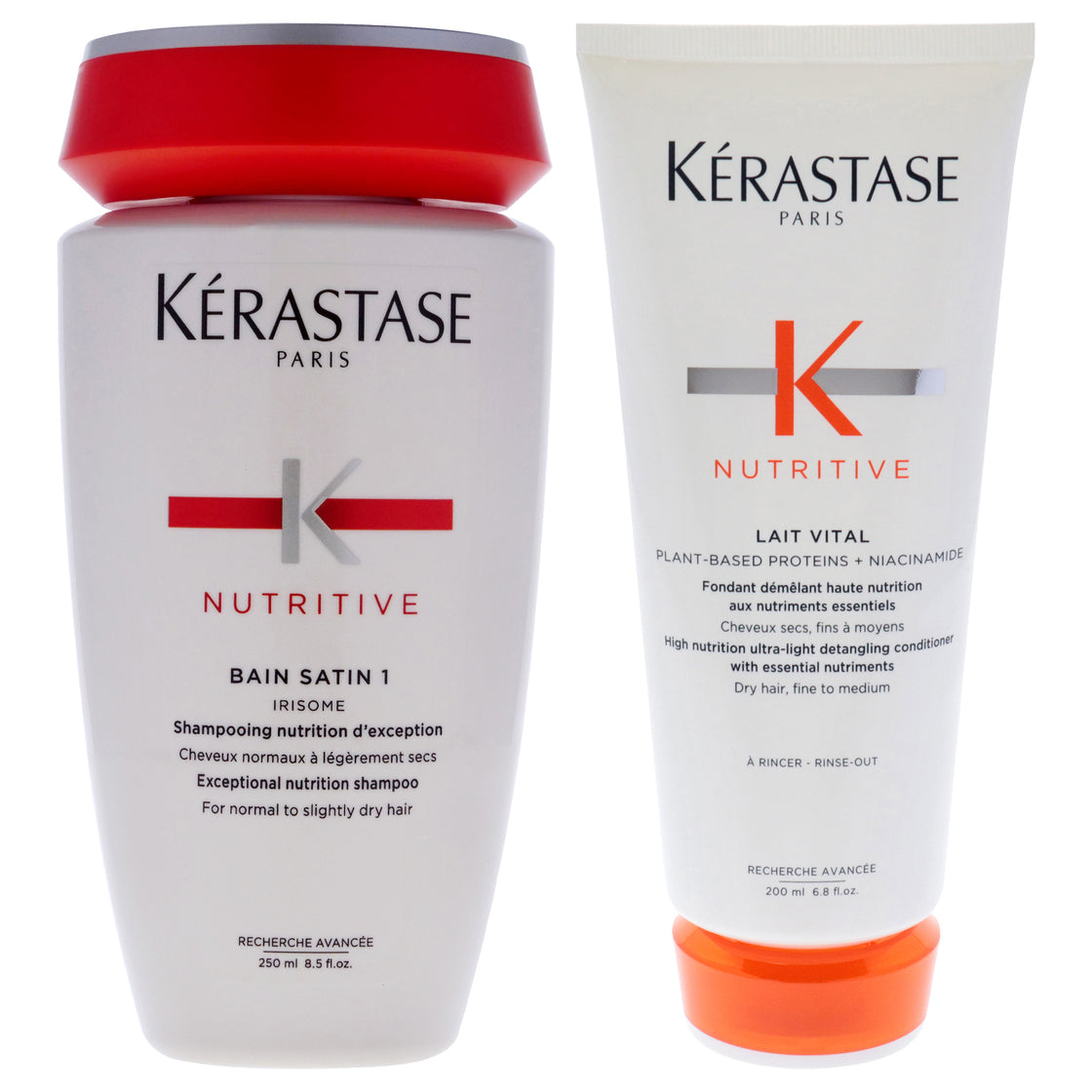 Nutritive Bain Satin 1 Shampoo and Nutritive Lait Vital Conditioner Kit by Kerastase for Unisex - 2 Pc Kit 8.5 oz Shampoo, 6.8oz Conditioner