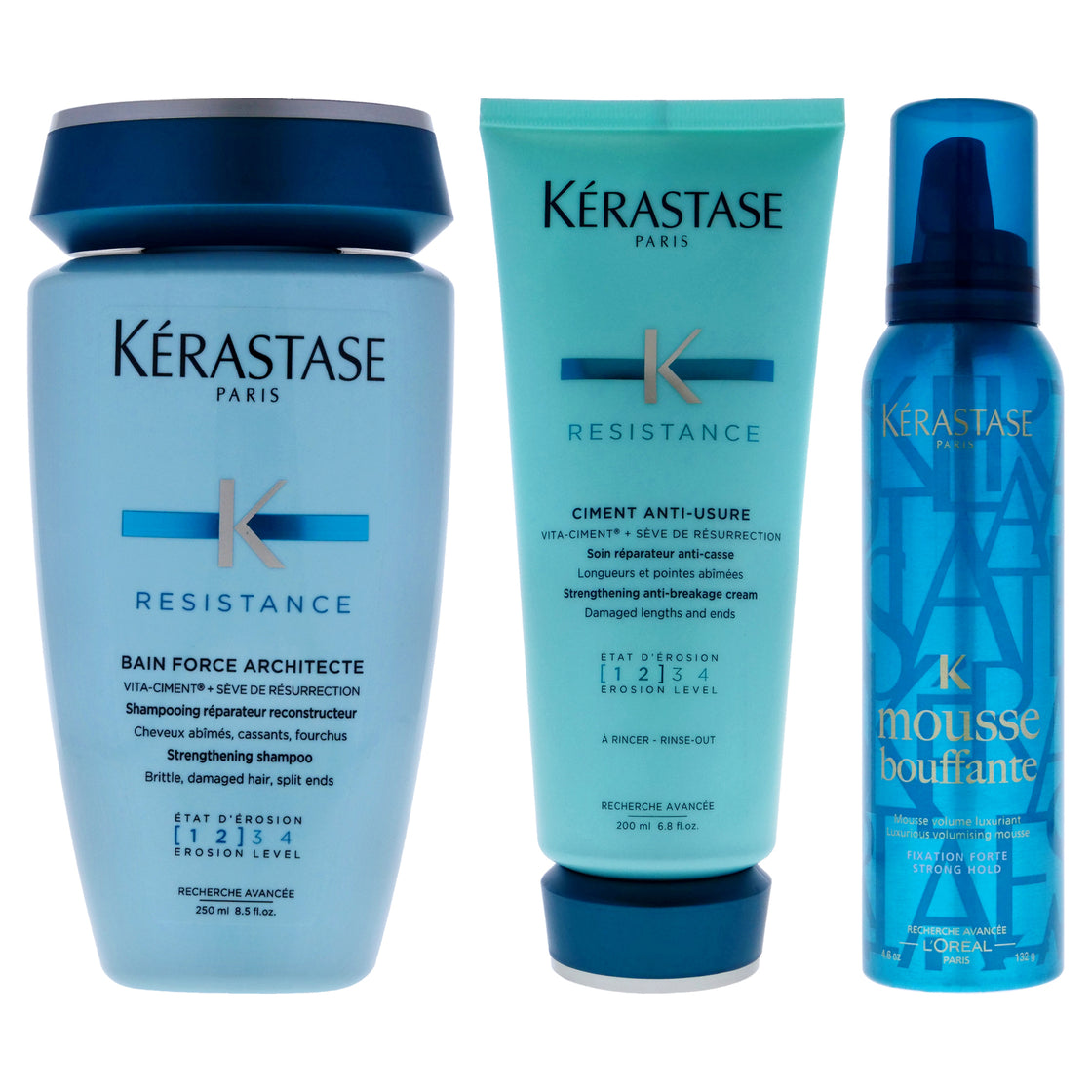 Resistance Ciment Anti-Usure Treatment and Bain Force Architecte Shampoo with Mousse Bouffante Luxurious Volumising Mousse Strong Hold Kit by Kerastase for Unisex - 3 Pc Kit 6.8oz Conditioner, 8.5oz Shampoo, 4.6oz Mousse