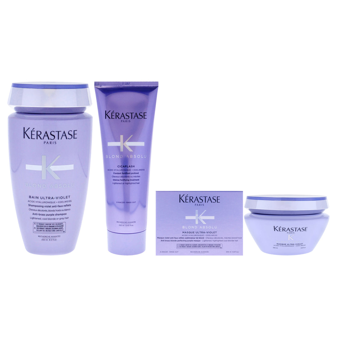 Blond Absolu Kit by Kerastase for Unisex - 3 Pc Kit 8.5oz Blond Absolu Bain Ultra-Violet Shampoo, 8.5oz Blond Absolu Cicaflash Conditioner, 6.8oz Blonde Absolu Ultra Violet Masque