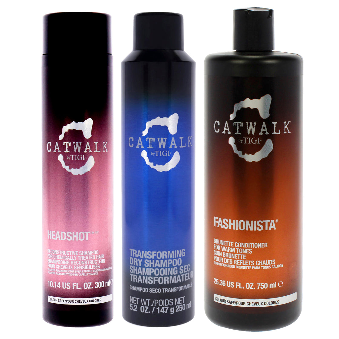 Catwalk Kit by TIGI for Unisex - 3 Pc Kit 5.2oz Catwalk Transforming Dry Shampoo, 25.36oz Catwalk Fashionista Brunette Conditioner, 10.14oz Catwalk Headshot Reconstructive Shampoo