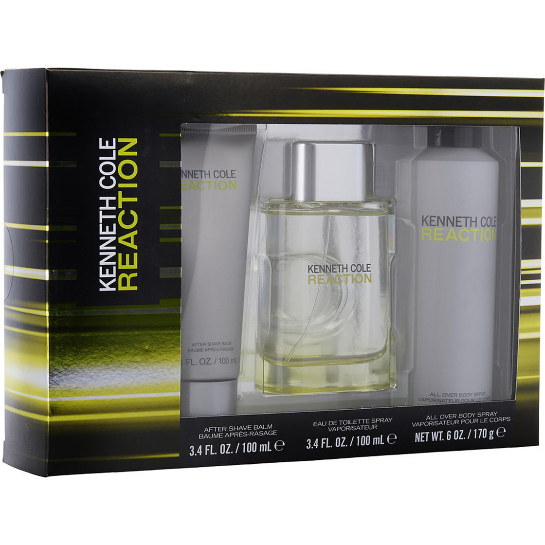 KENNETH COLE REACTION 3 PCS SET FOR MEN: 3.4 EAU DE TOILETTE SPRAY + 3.4 AFTER SHAVE BALM + 6 OZ ALL OVER BODY SPRAY