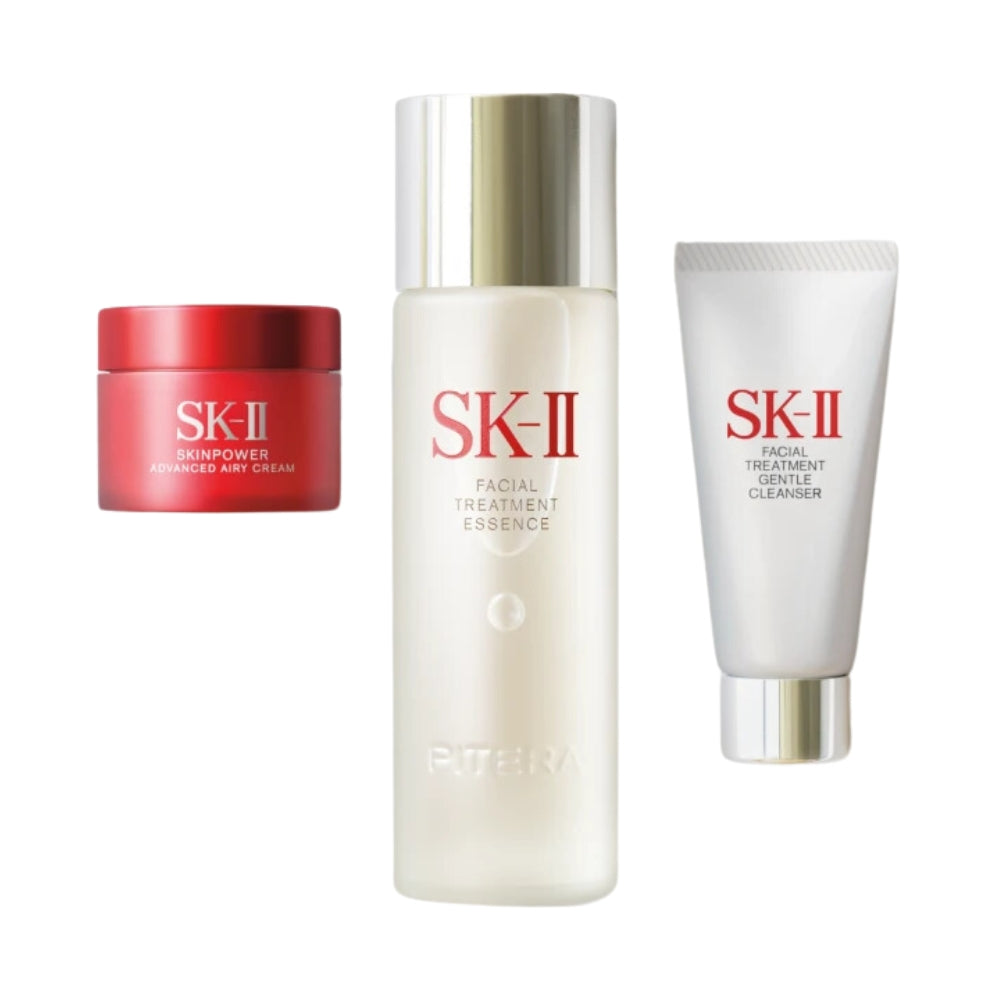 SK II Youth Essentials 1 x  2.5 oz / 75 ml Facial Treatment Essence  1 x 0.6 oz / 17 g Facial Treatment Cleanser  1 x 0.53 oz / 15 g SkinPower Airy Milky Lotion