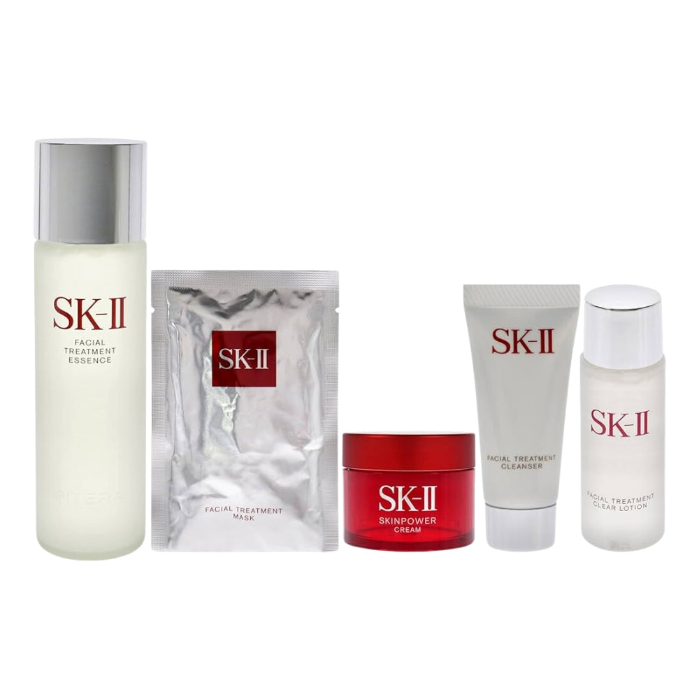 SK II Pitera Bestsellers Set 1 x 7.7 oz / 227 ml Facial Treatment Essence 1 x 0.57 oz / 16 ml Facial Treatment Cleanser  1 x 1.0 oz / 30 ml Facial Treatment CLear Lotion  2 x Facial Treatment Mask  1 x 0.5 oz / 14 ml Skin Power Cream