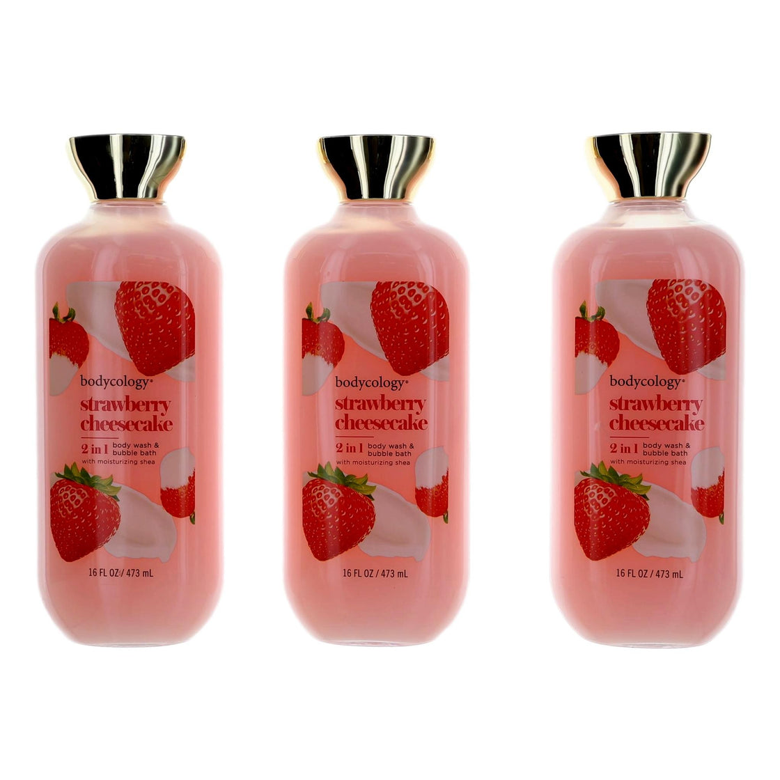 Strawberry Cheesecake By Bodycology, 3 Pack 16 Oz 2 In 1 Body Wash & Bubble Bath For Women