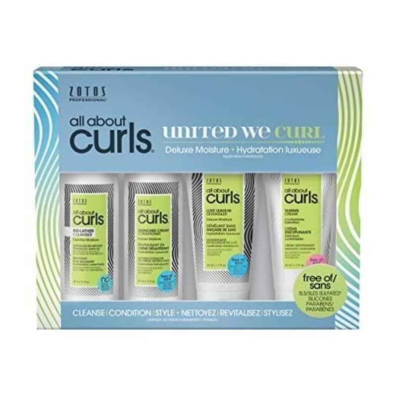 Deluxe Moisture Kit by All About Curls for Unisex - 4 Pc 3oz No-Lather Cleanser, 3oz Quenched Cream Conditioner, 1.7oz Luxe Leave-In Detangler, 1.7oz Taming Cream