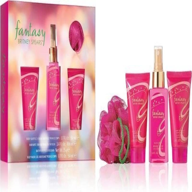 Fantasy Britney Spears 4 Pcs Set For Women: 3.4 Hair Mist + 1.7 Body Souffle + 1.7 Body Wash + Bath Pouf