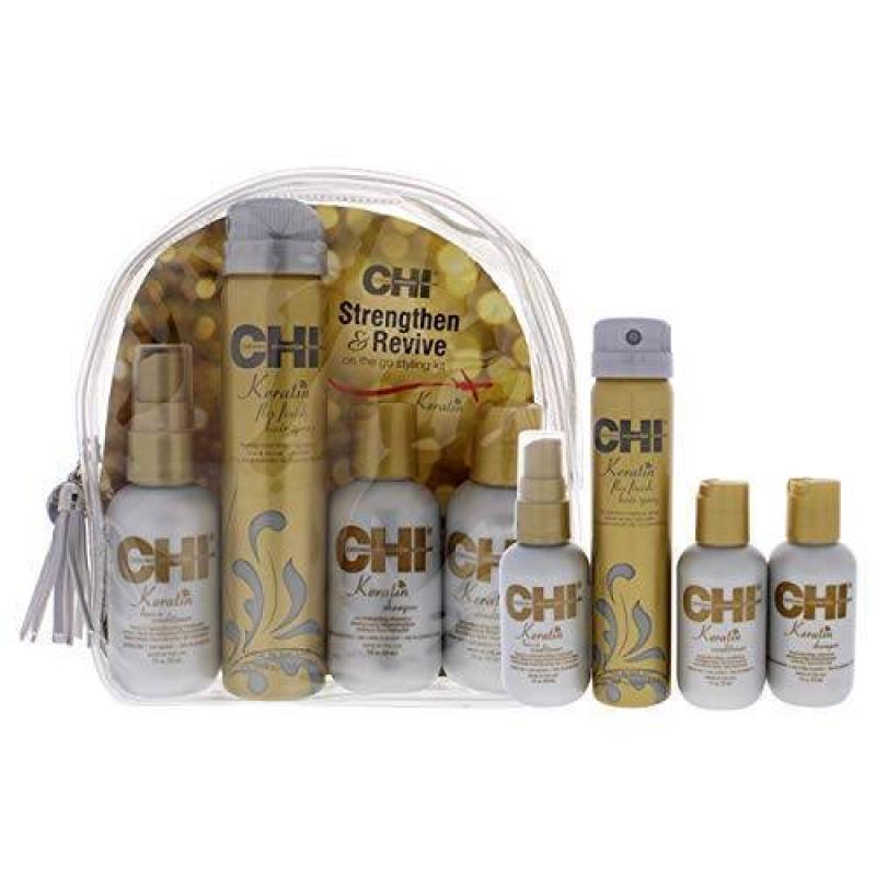 Strengthen and Revive On The Go Styling Kit by CHI for Unisex - 4 Pc 2oz Keratin Shampoo, 2oz Keratin Conditioner, 2oz Keratin Leave-In Conditioner, 2.6oz Keratin Flex Finish Hair Spray