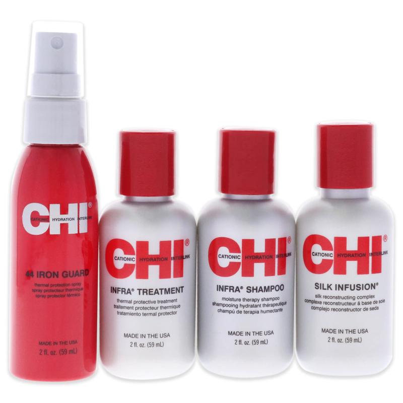 The Essentials Kit by CHI for Unisex - 4 Pc 2oz Infra Shampoo, 2oz 44 Iron Guard Thermal Protection, 2oz Infra Treatment, 2oz Silk Infusion