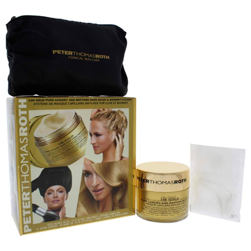 24K Gold Pure Luxury Age-Defying Hair Mask Bonnet System by Peter Thomas Roth for Unisex - 1 Pc Kit 4.9oz 24K Gold Pure Luxury Age-Defying Hair Mask, Signature PTR Bonnet, 6 Pc Shower Caps