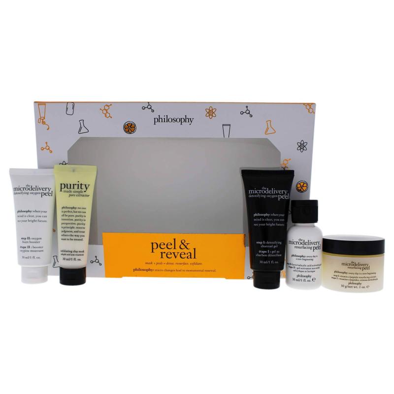 Peel and Reveal Kit by Philosophy for Unisex - 5 Pc 1oz Detoxifying Charcoal Gel, 1oz Oxygen Foam Booster, 1oz Vitamin C - Peptide Resurfacing Crystals, 1oz Lactic-Salicylic Acid Activating Gel, 1oz Purity Made Simple Pore Extractor Exfoliating Clay Mask