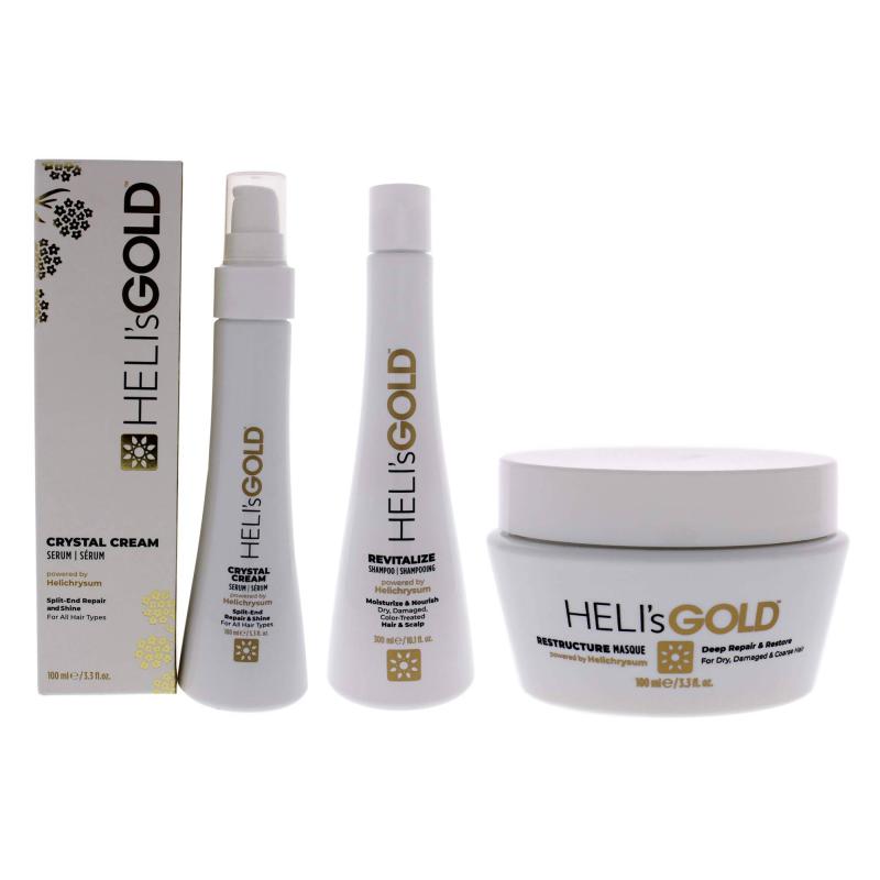 The Revival Series Kit by Helis Gold for Unisex - 3 Pc Pc Kit 3.3oz Crystal Cream Serum, 10.1oz Revitalize Shampoo, 3.3oz Restructure Masque