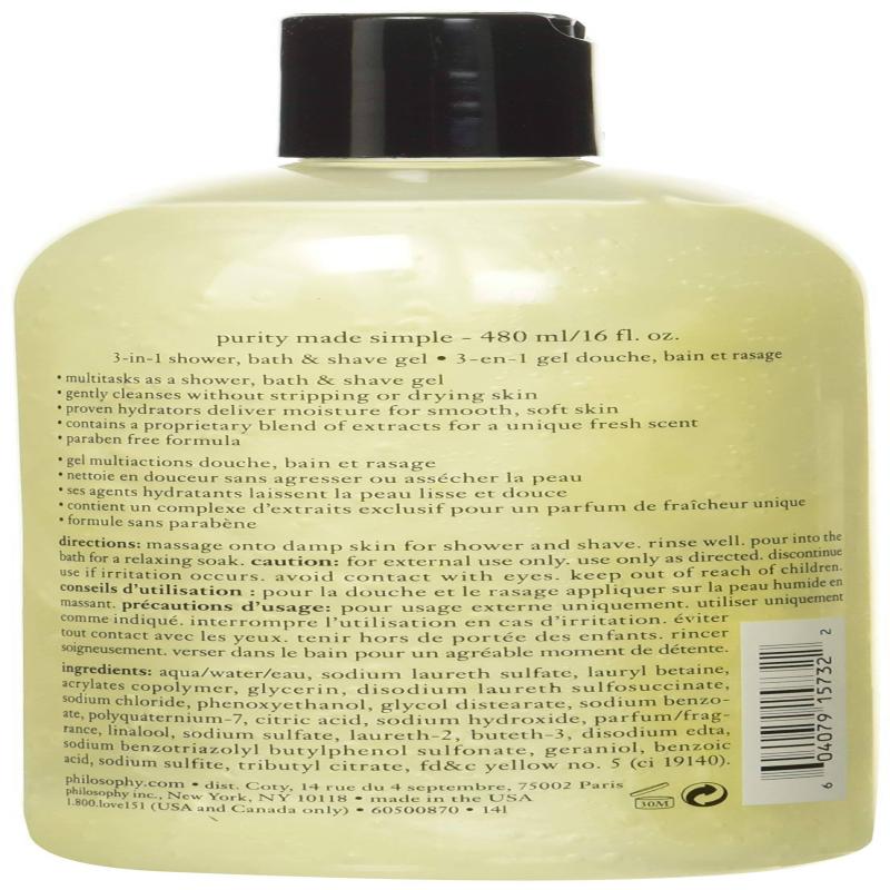 Purity Made Simple Body 3-In-1 Shower Bath &amp; Shave Gel By Philosophy For Unisex - 16 Oz Shower &amp; Shave Gel