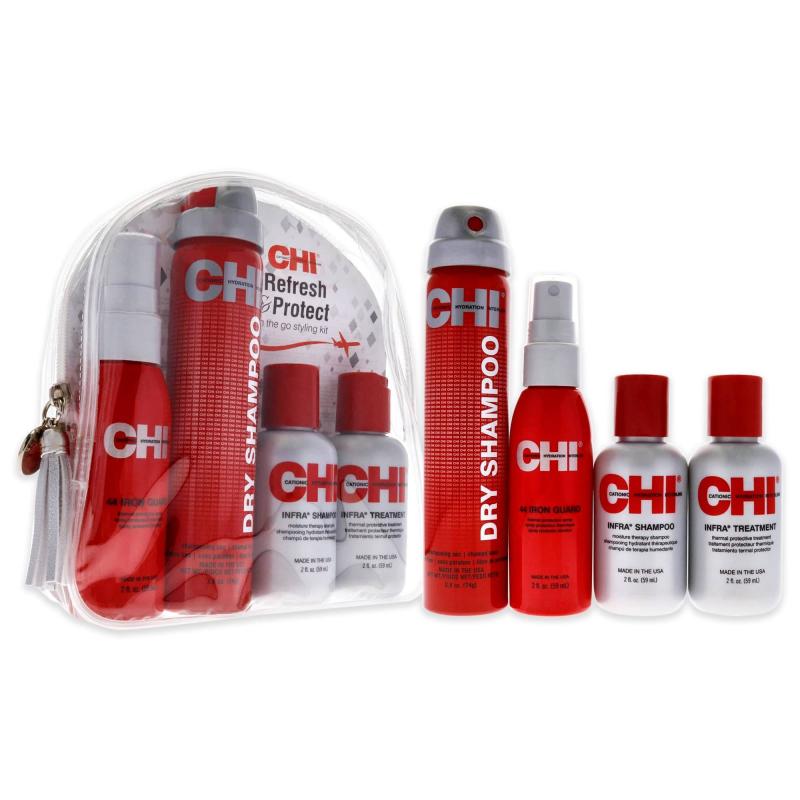 Refresh and Protect Kit by CHI for Unisex - 4 Pc 2oz Iron Guard 44, 2.6oz Dry Shampoo, 2oz Infra Treatment, 2oz Infra Shampoo