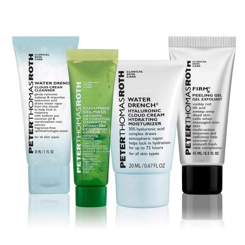 Jet Set Facial by Peter Thomas Roth for Unisex - 4 Pc Kit 0.5oz Firmx Peeling Gel, 0.47oz Cucumber Gel Mask Extreme De-Tox Hydrator, 1oz Water Drench Cloud Cream Cleanser, 0.67oz Water Drench Hylauronic Cloud Cream Hydrating Moisturizer