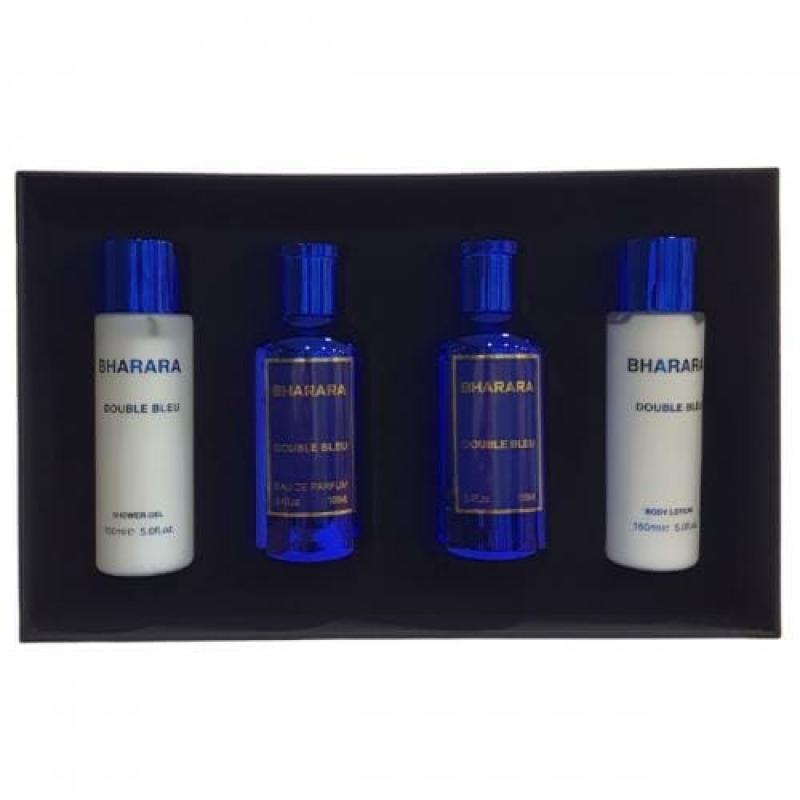 Bharara Double Bleu 4 Pcs Set For Men: 3.4 Edp + 5 Oz B/L + 3.4 A/S + 5 Oz S/G