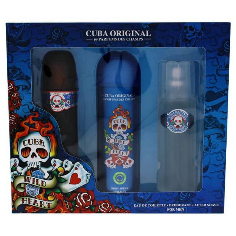 Cuba Wild Heart by Cuba for Men - 3 Pc Gift Set 3.4oz EDT Spray, 3.3oz After Shave, 6.7oz Body Spray