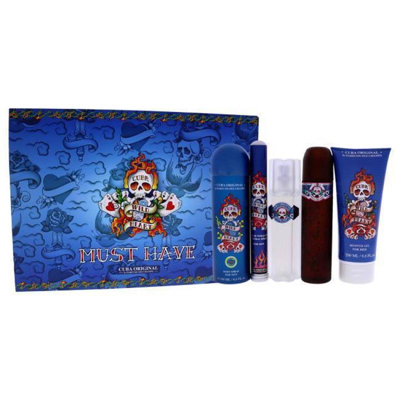 Cuba Wild Heart by Cuba for Men - 5 Pc Gift Set 3.3oz EDT Spray, 1.7oz EDT Spray, 3.3oz After Shave, 6.6oz Showe Gel, 6.6oz Body Spray