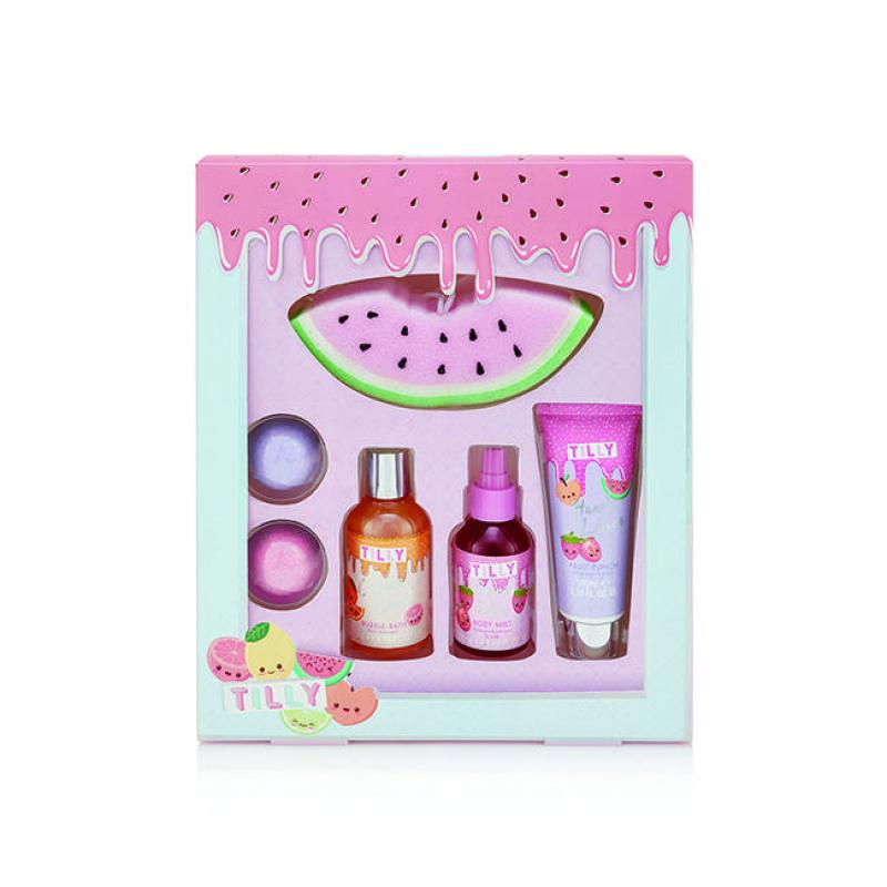 Fruity Blockbuster Set by Tilly for Women - 6 Pc 120ml Bubble Bath, 100ml Body Mist Cherry, 100ml Hand Lotion, 2 x 50g Bath Fizzer, Watermelon Sponge