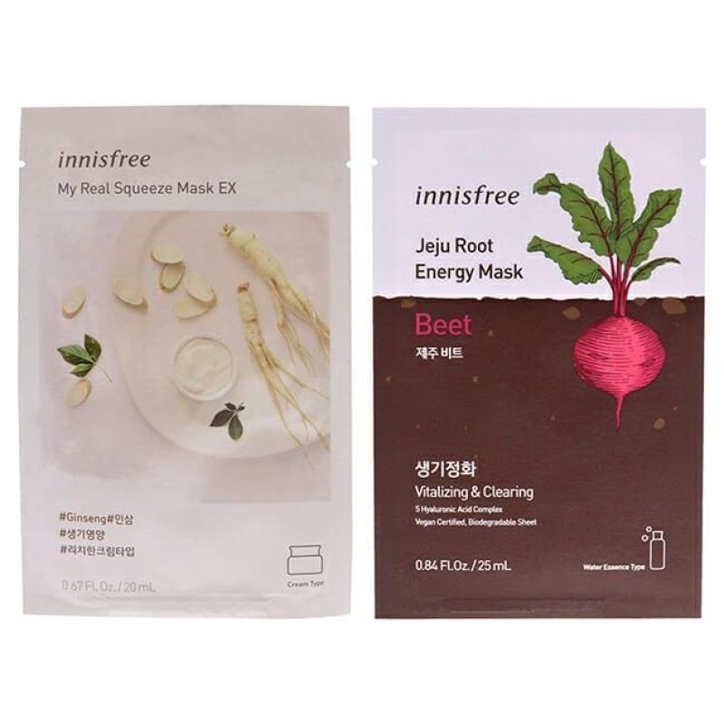 Innisfree Mask - Ginseng and Beet Kit by Innisfree for Unisex - 2 Pc Kit 0.67oz My Real Squeeze Mask - Ginseng, 0.84oz Jeju Root Energy Mask - Beet